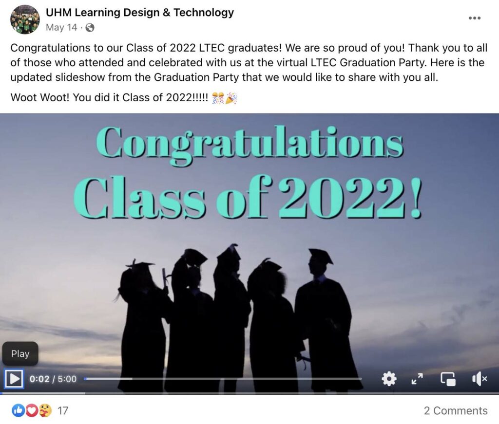 LTEC congratulating grads on Facebook