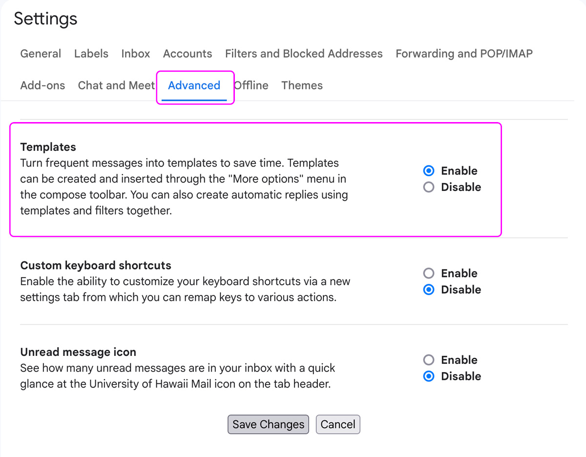 Screenshot of advanced tab in settings with templates enabled