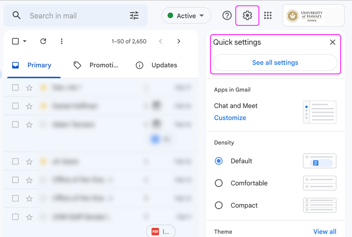 screenshot of gmail inbox with quick settings open