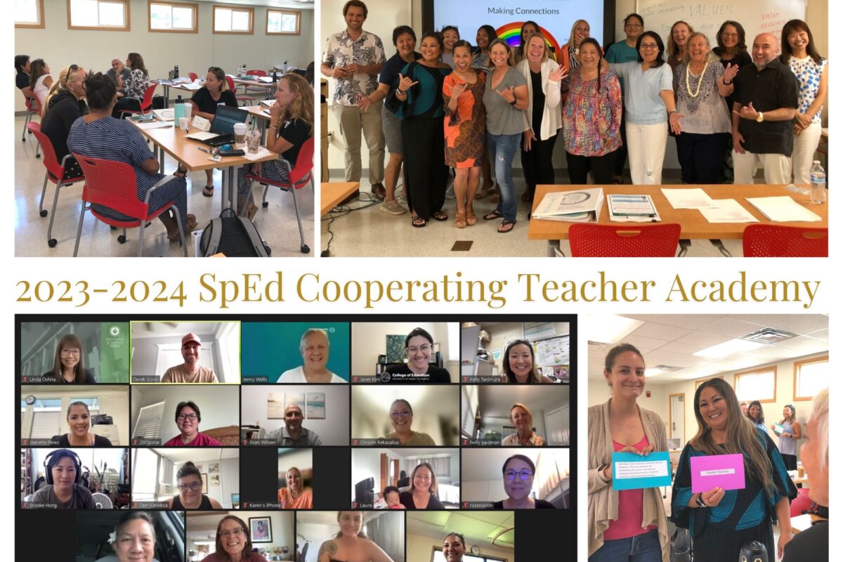 various photos of the Cooperating Teacher cohort in person, online, and having small group discussions.