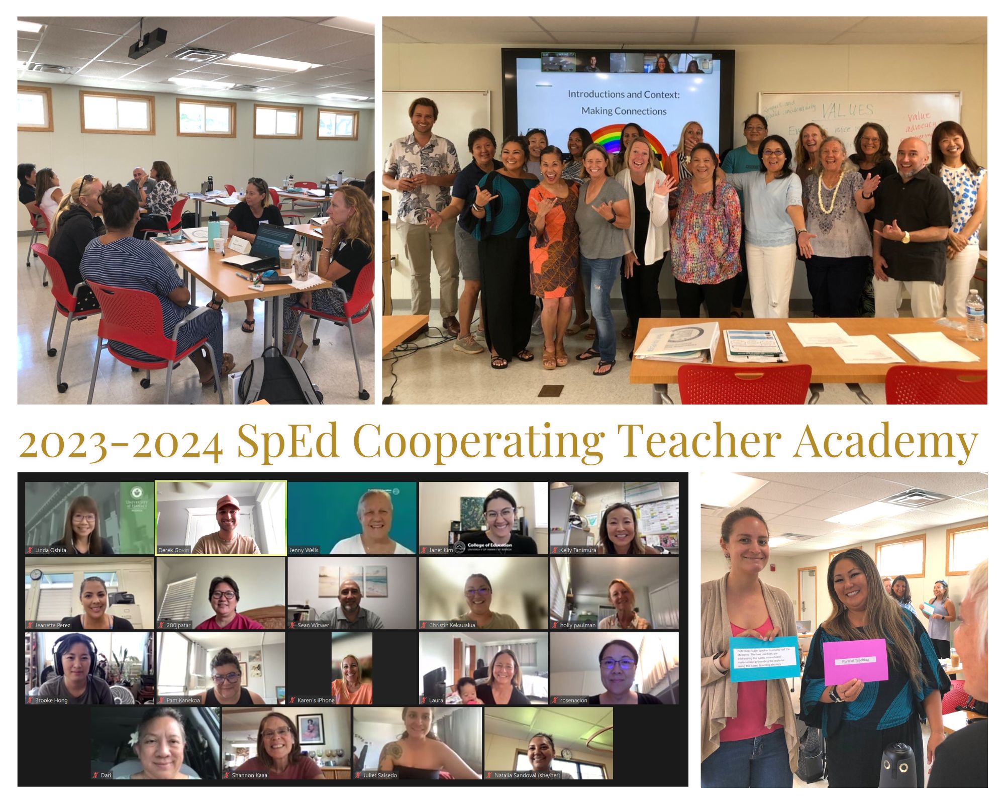 Collage of Cooperating Teacher Academy members as a group in person and also on zoom with two candid photos of members having small group discussions and a pair of teachers sharing their answers to an activity.