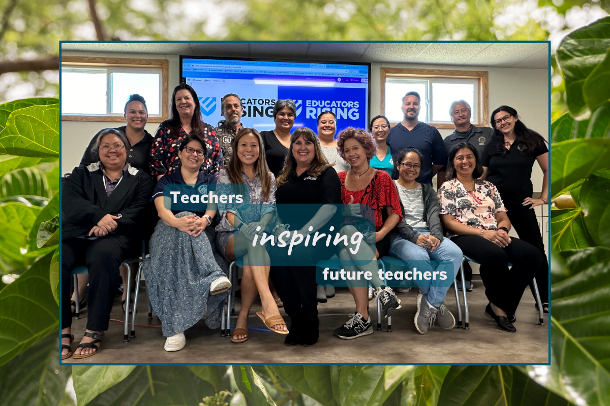 group of teachers and educational stakeholders posing in front of the EdRising logo