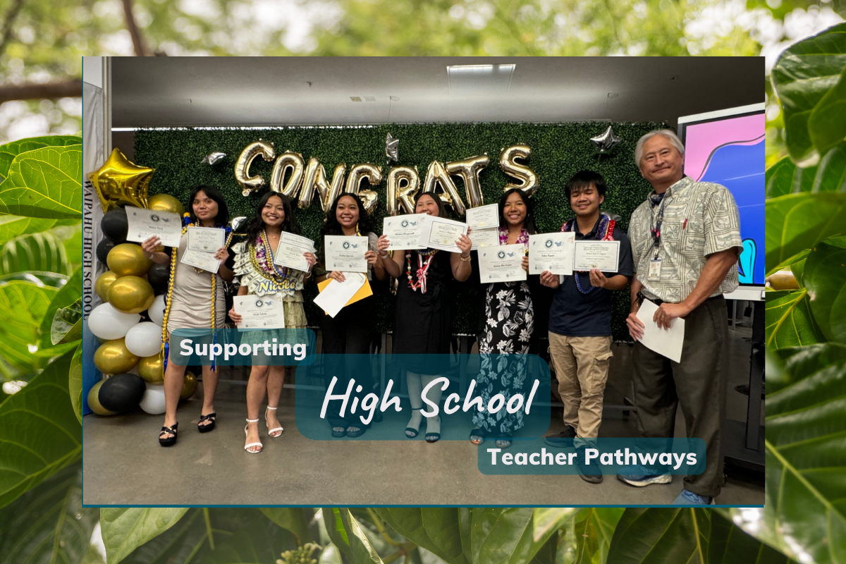 high school students holding up certificates earned in teacher education pathway