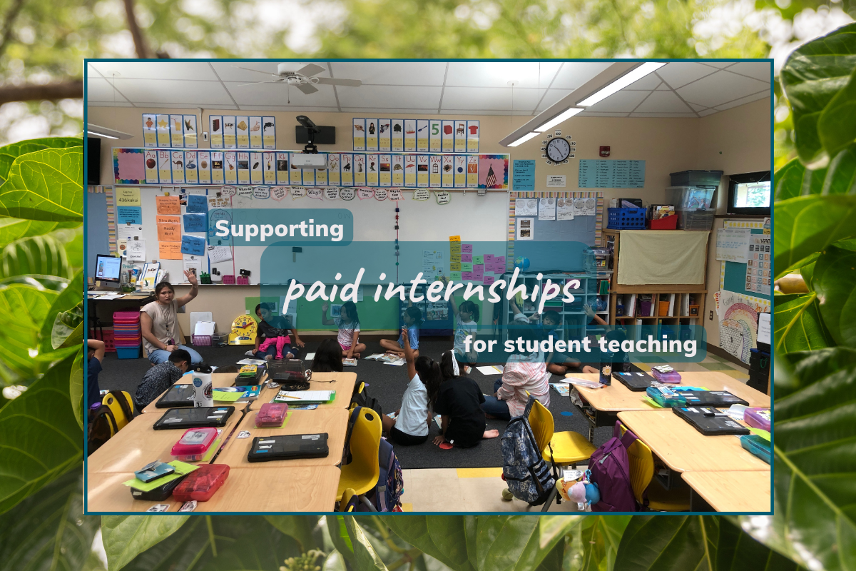 elementary classroom with student teacher and group of children sitting on the floor raising their hands