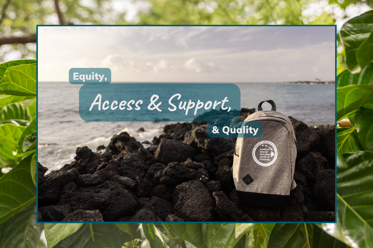 hawaii plant foliage background with image of ocean and black lava rock with a backpack using the project logo