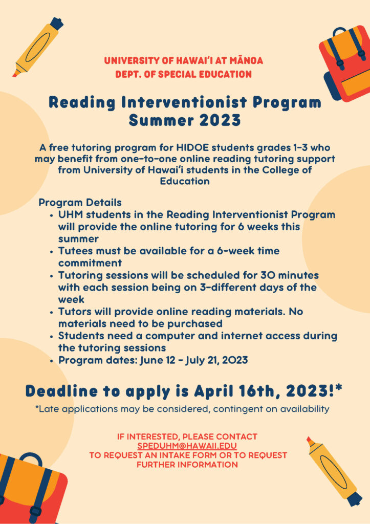 Flyer of program information. Orange background with circles, highlighters, and backpacks.