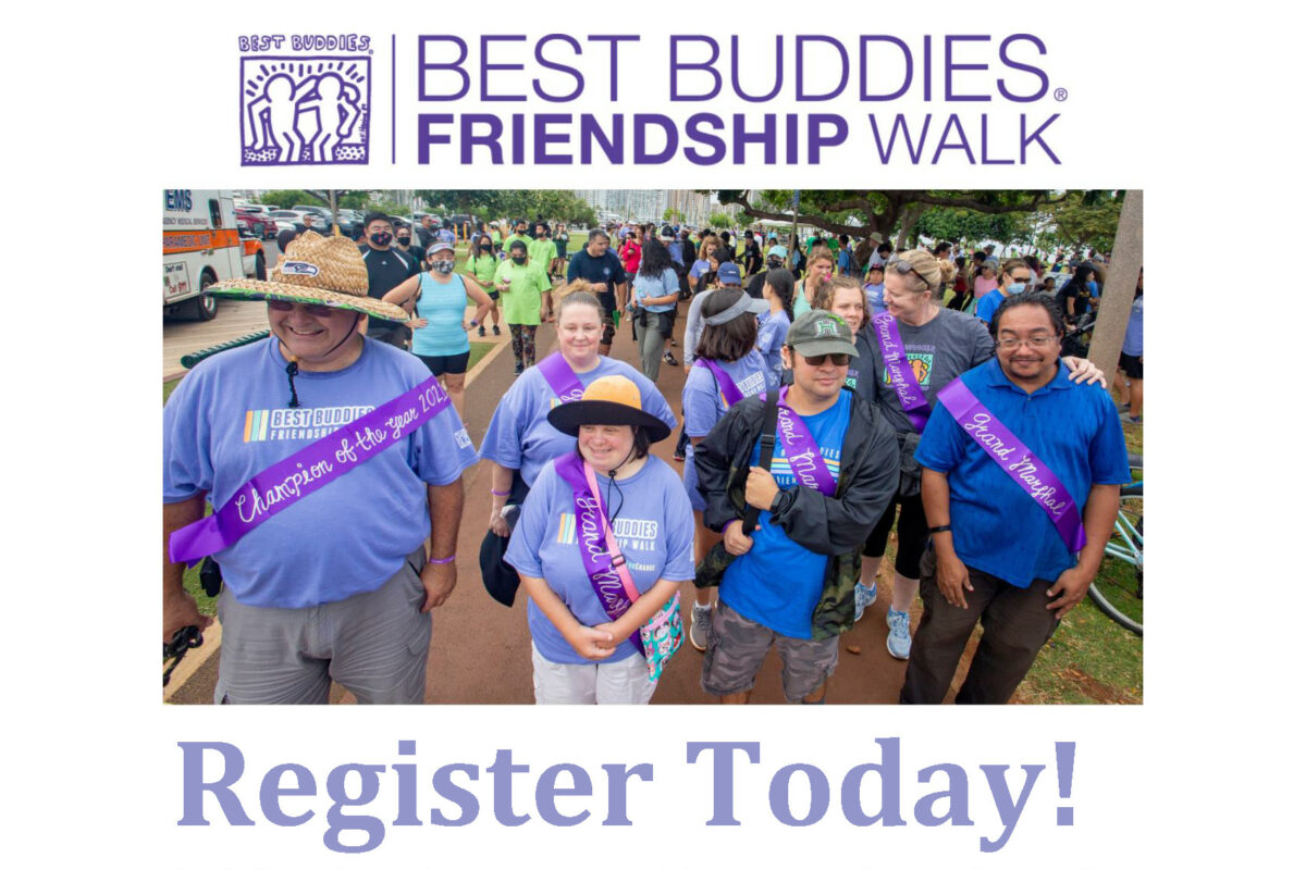 Group of individuals wearing Best Buddies t-shirts and purple sashes who are walking together at the previous Best Buddies Friendship Walk event