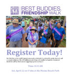 Group of individuals wearing Best Buddies t-shirts and purple sashes who are walking together at the previous Best Buddies Friendship Walk event