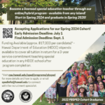 Program flyer showing the College of Education with a rainbow and a group photo of post bac sped graduates at convocation wearing leis